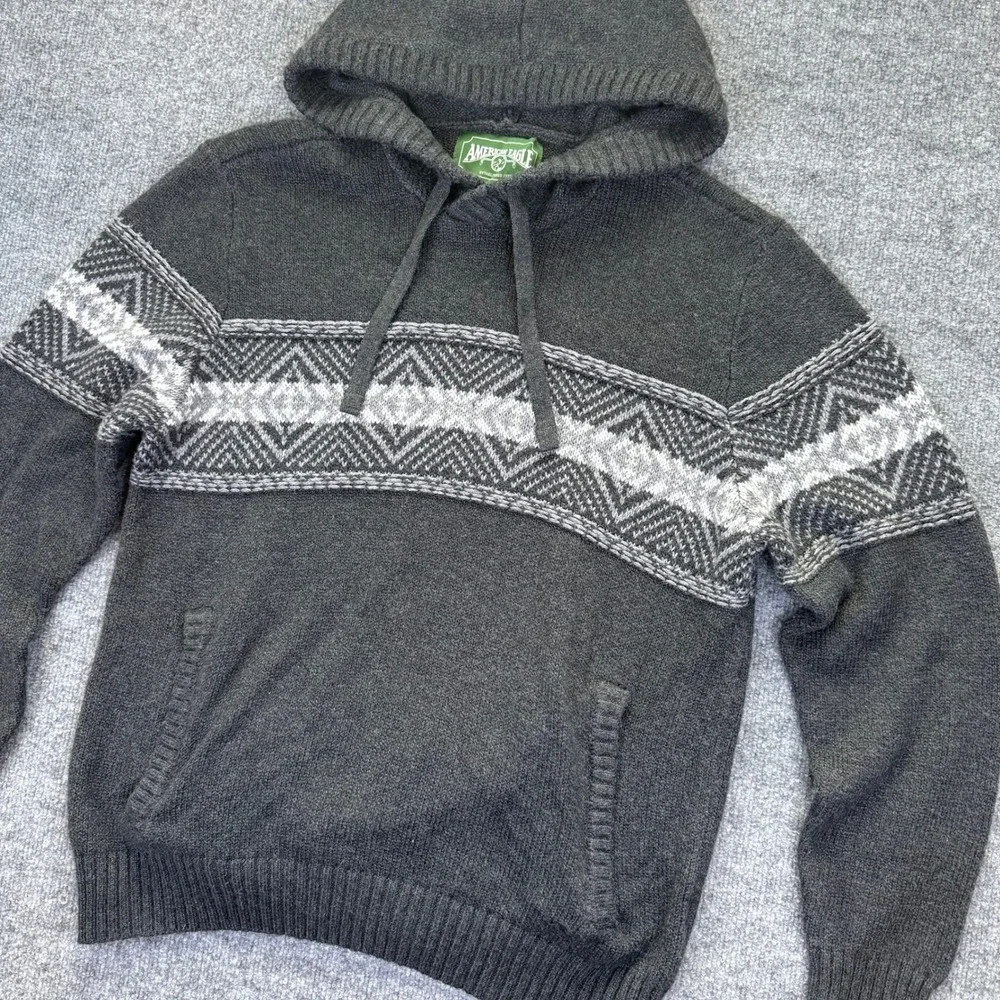 American Eagle Mens Soft Charcoal Grey Fair Isle Knit Hoodie Sweater Pullover LG